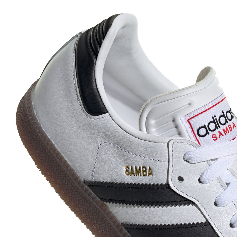 Men's adidas Samba Classic sneakers, close-up of white upper, black heel panel, lace area