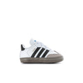 Infant adidas Samba sneakers in white with black stripes and gray accents