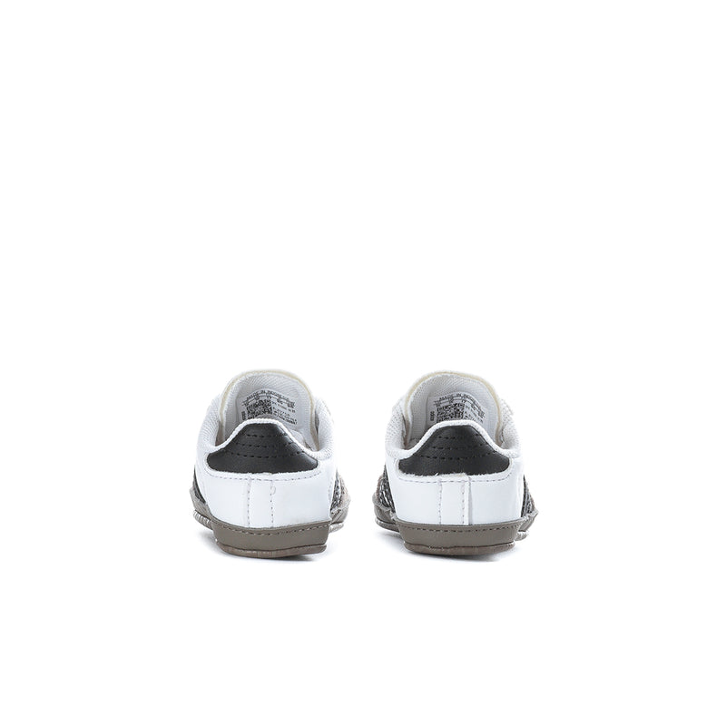 Infant adidas Samba sneakers, rear view with white uppers and dark heel trim
