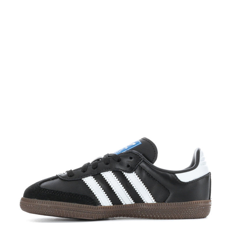 Kids retro sneakers, black upper with white triple stripes and gum-brown cupsole.