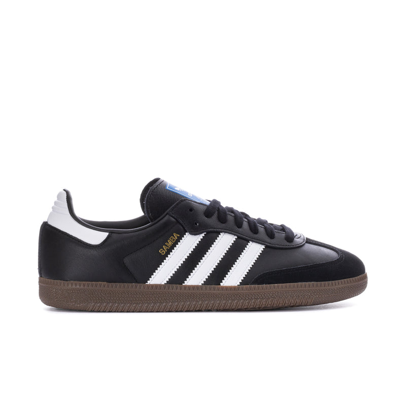 Men's adidas Samba OG low-top sneakers in black with white stripes and gum sole.