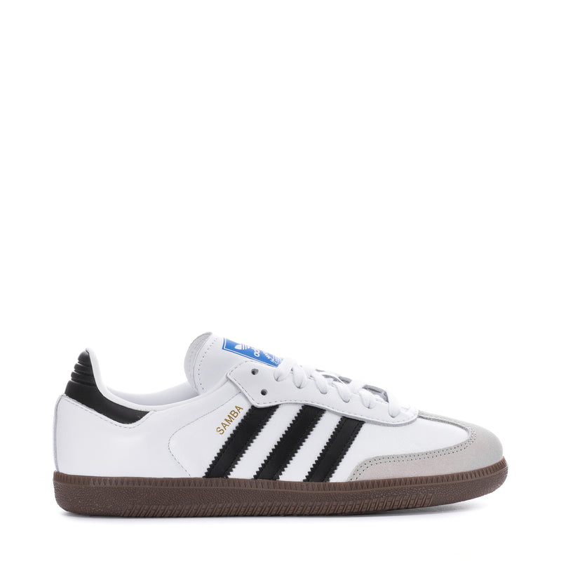 Women's Samba OG low sneakers in white with black stripes and brown gum sole