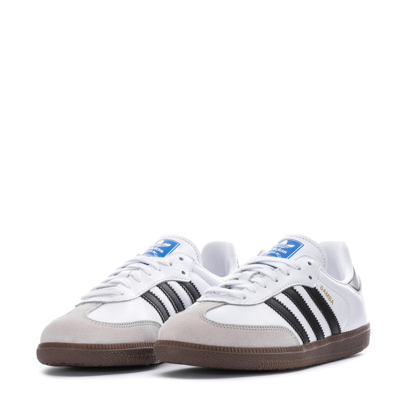 Women's Samba OG sneakers, white with black triple stripes and brown gum soles
