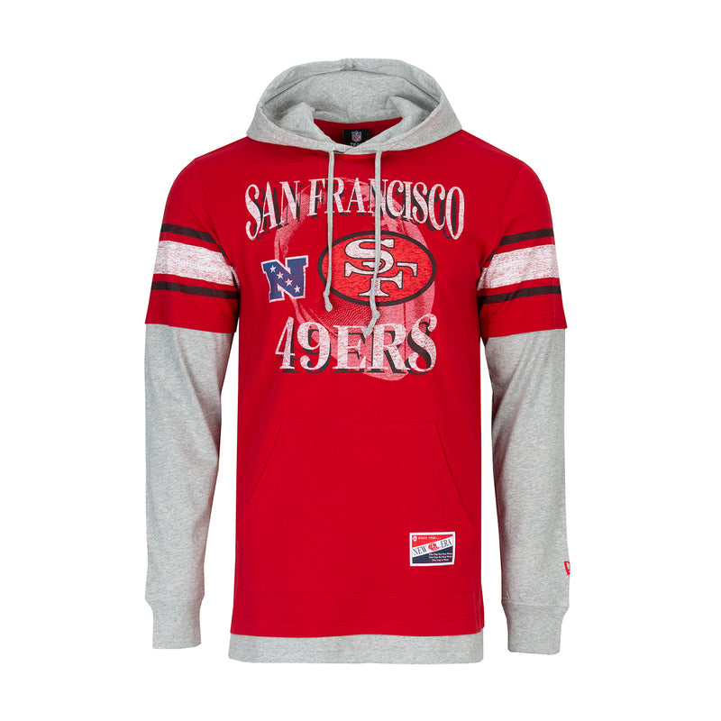 Men's 49ers red hooded long-sleeve pullover with San Francisco and 49ers logo