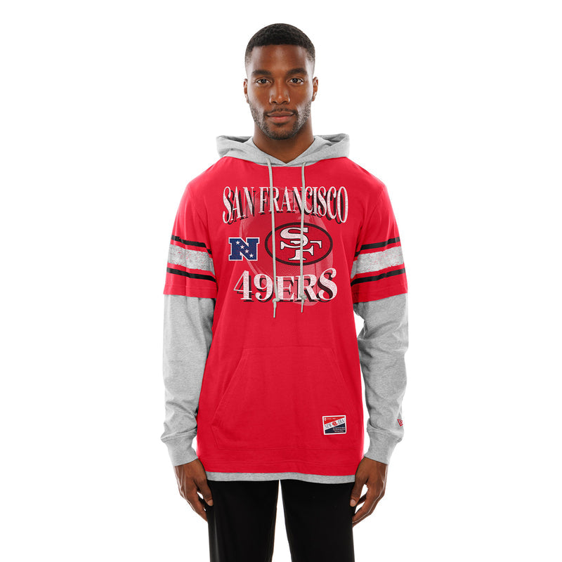 Men's red hooded long-sleeve pullover with striped sleeves and 49ers chest graphic