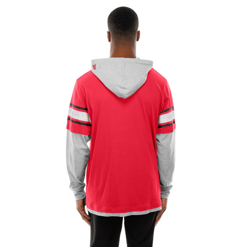 Men's red hooded long-sleeve pullover, gray hood and sleeve stripe detail