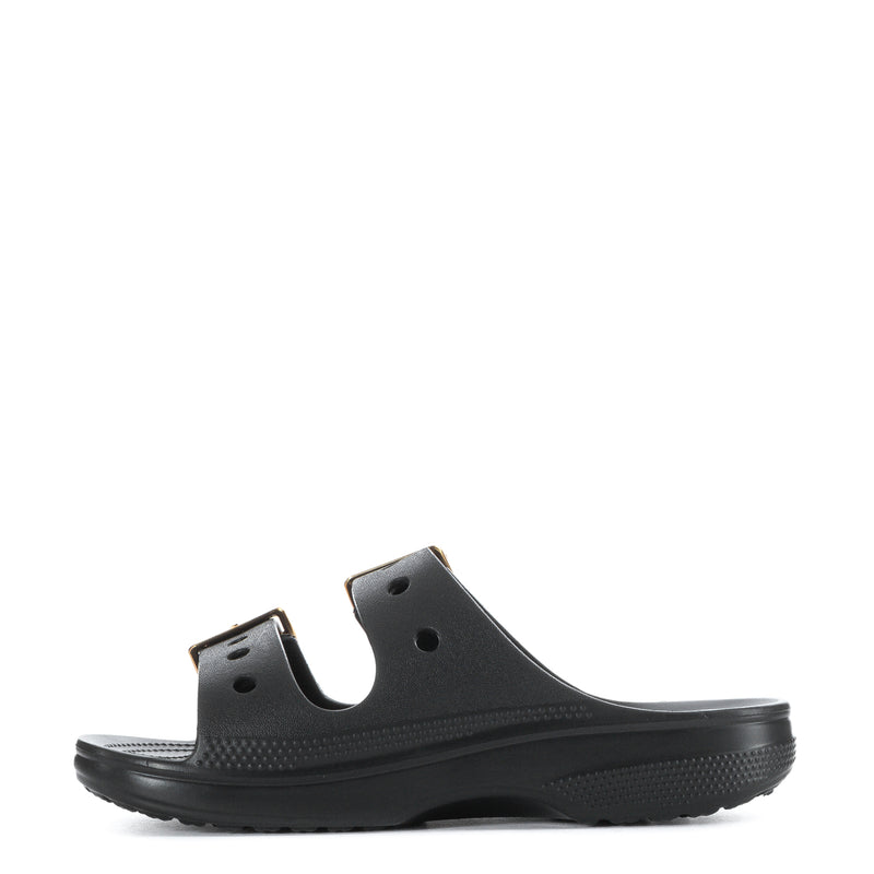 Women's black clog sandal with gold buckle detailing and perforated upper