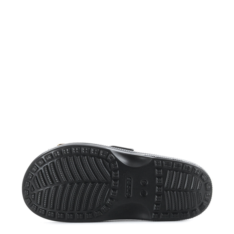 Women's black Crocs slide sandal outsole tread with textured pattern