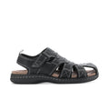 Men's black leather-look sandals with hook-and-loop straps and padded footbed