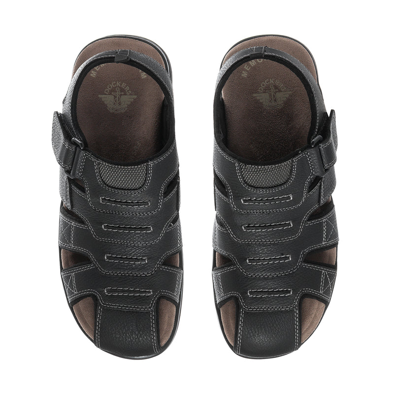 Men's black sandals, top view with cushioned heel and stitched strap details