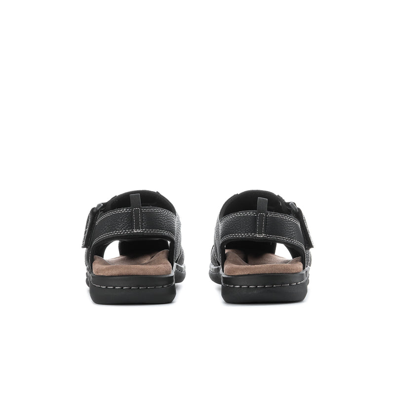 Men's black sandals, back view with adjustable ankle strap and cushioned heel