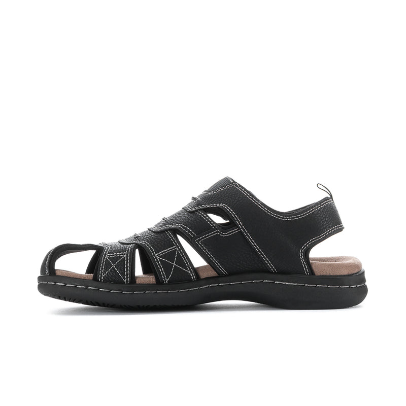 Men's black sandals side profile with stitched overlays and hook-and-loop closure