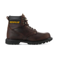 Brown lace-up work boot with black collar, Caterpillar logo badge, and rugged tread sole