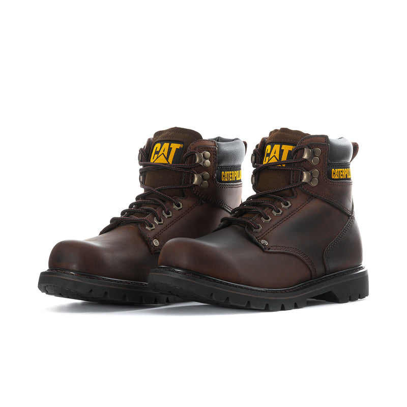 Pair of brown lace-up work boots with black padded collar, Caterpillar logos, thick soles
