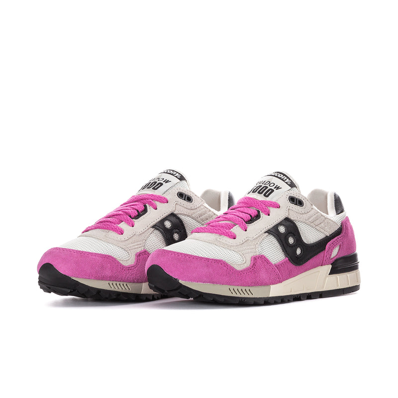 Women's running sneakers, almond and fuchsia with black accents and thick sole
