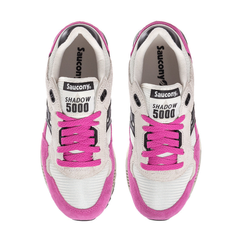Women's sneakers with pink laces and 'Shadow 5000' tongue branding in almond/fuchsia
