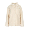 Women’s off-white sherpa shirt jacket with hood, button front, and chest pocket