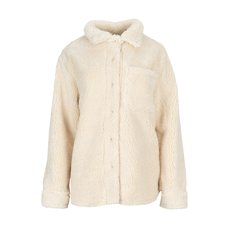Women’s off-white sherpa shirt jacket with hood, button front, and chest pocket