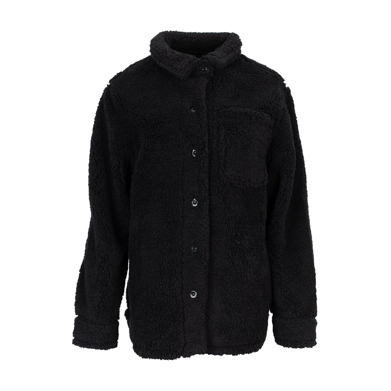 Women's black sherpa shirt jacket with hood, button front, and chest pocket