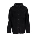 Women's black sherpa shirt jacket with hood, button front, and chest pocket