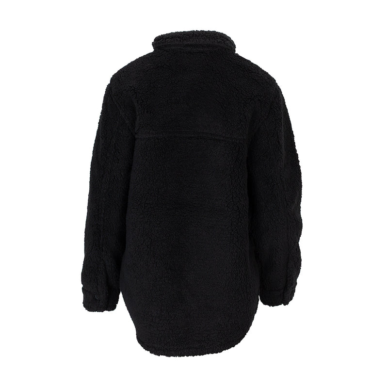 Women's black sherpa shirt jacket with hood, full back view