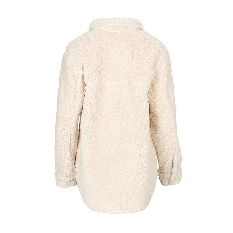 Off-white sherpa shirt jacket with hood, button front, shown from the back