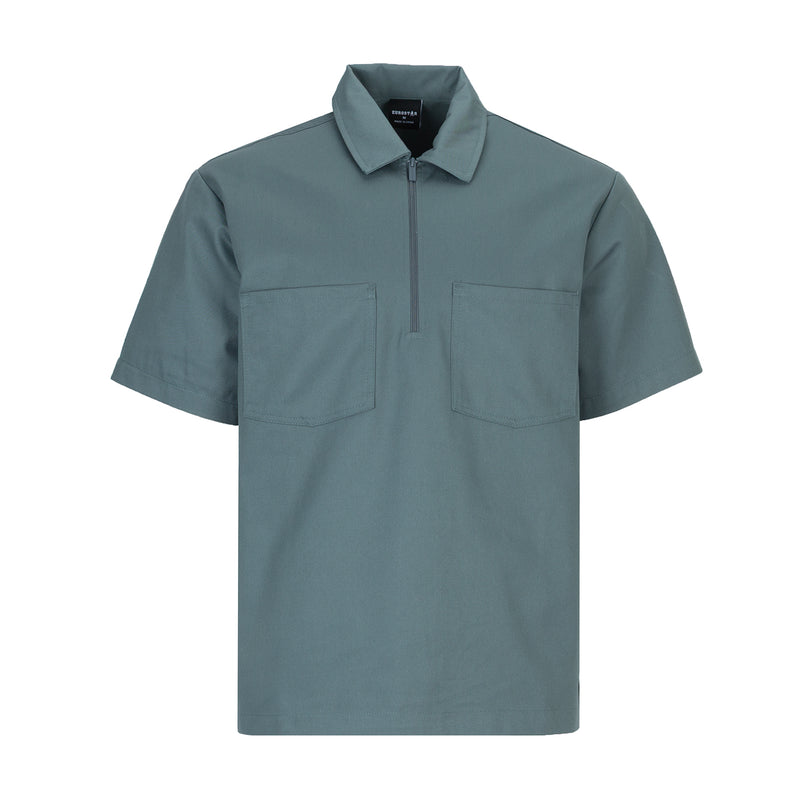 Men's short sleeve work shirt, basalt blue half-zip collar, two chest pockets