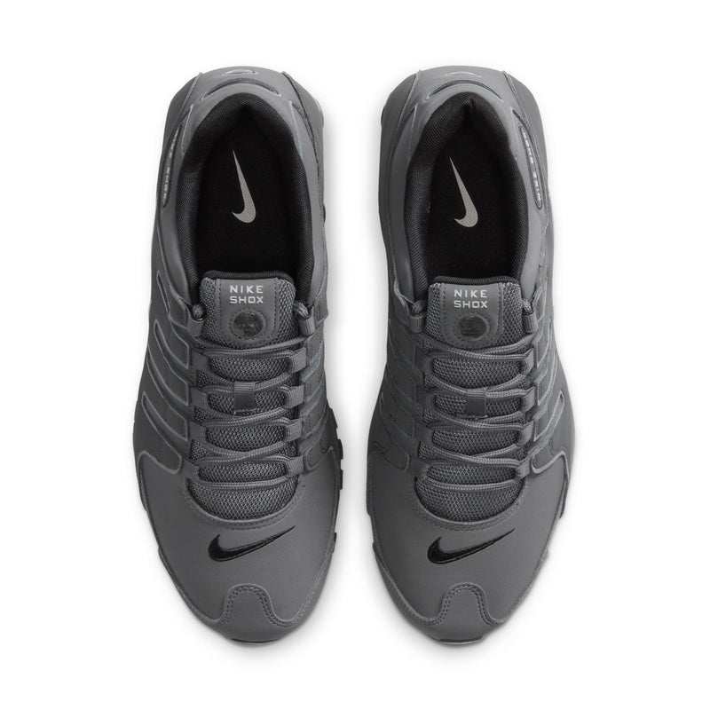 Men's dark gray lace-up sneakers, front view, with Nike swoosh and Shox branding