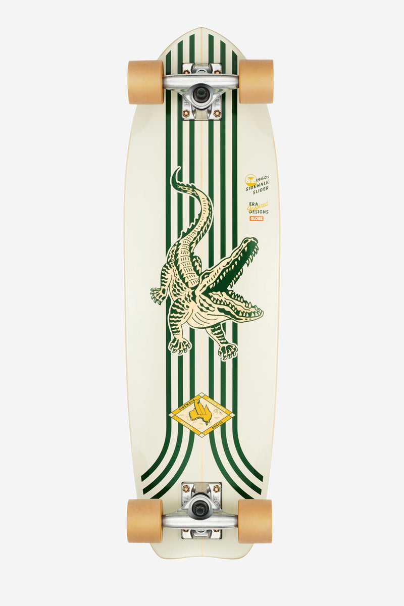 Top-down view of a 28 inch Sidewalk Slider Cruiserboard Green Croc with bold green cream stripes and a crocodile graphic