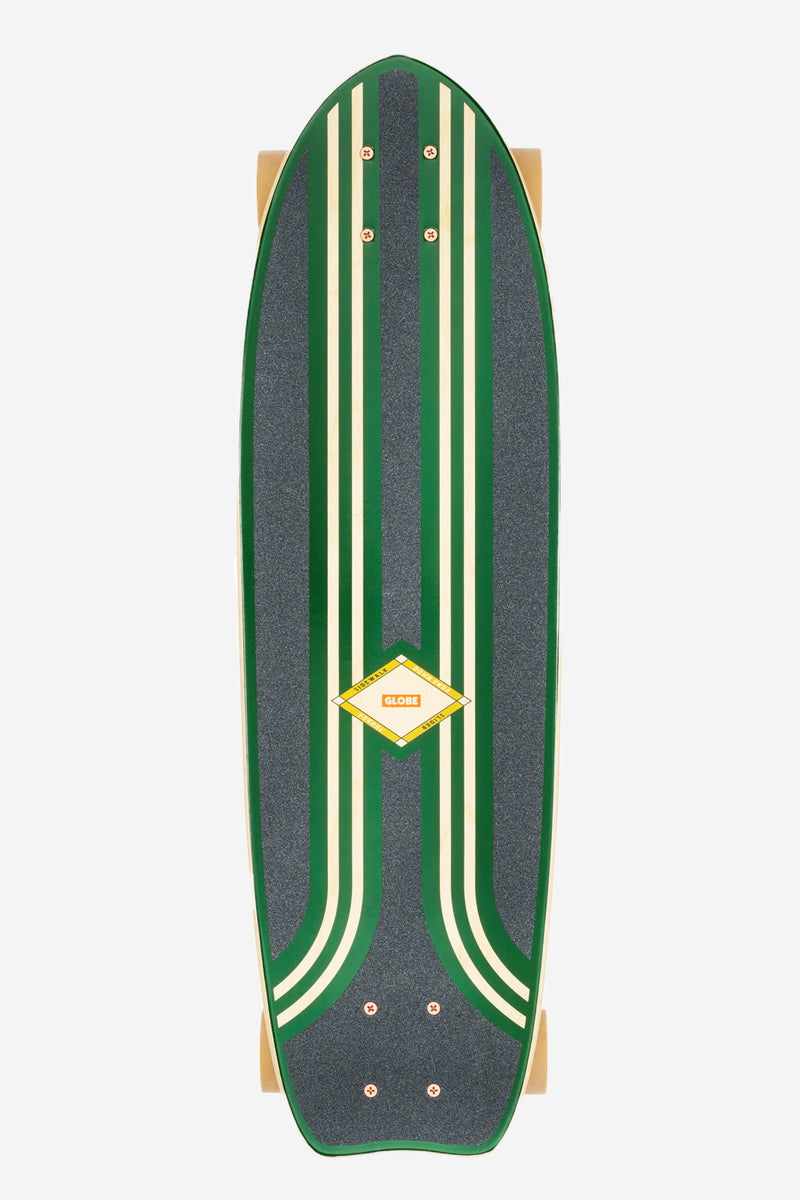 Angled close-up of the Green Croc Sidewalk Slider Cruiserboard deck showing stripes and textured grip tape