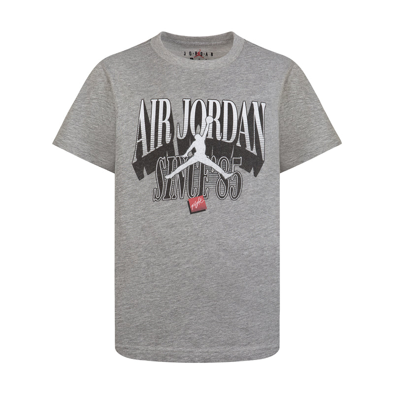 Youth carbon heather T-shirt with Air Jordan Since 85 front graphic.