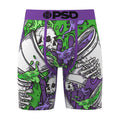 Men's boxer briefs with purple waistband, green and purple skull graphic, cartoon faces