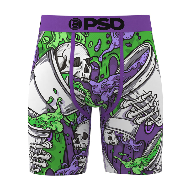 Men's boxer briefs with purple waistband, green and purple skull graphic, cartoon faces