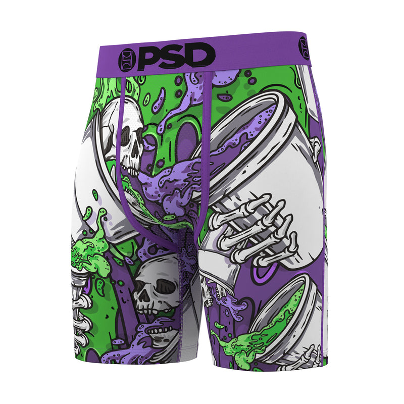 Men's boxer briefs, side view, purple waistband, green-and-purple monster skull artwork