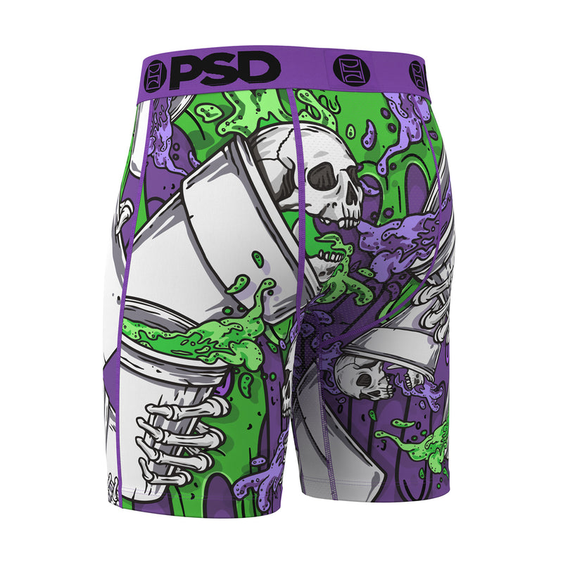 Men's boxer briefs, front close view, purple waistband, green ink skull and purple bottle art