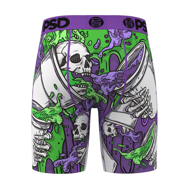 Men's boxer briefs, full front view, purple waistband, green-and-purple skull, skeleton faces