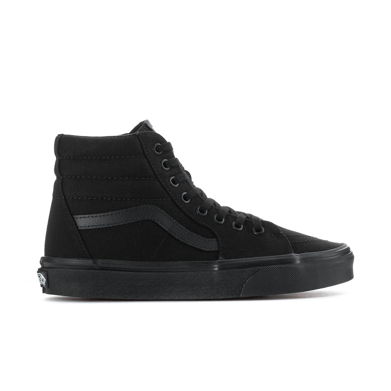 Men's black high-top skate sneakers, side view with contrast stripe detail