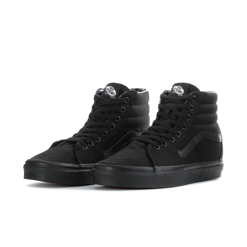Men's black high-top skate sneakers, pair view with lace-up eyelets