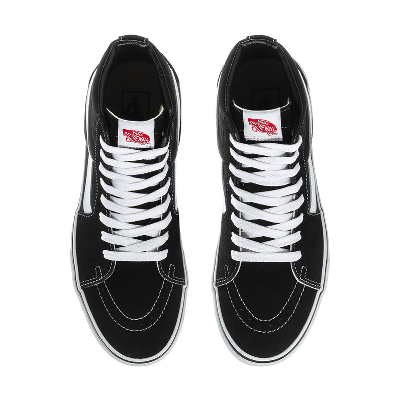 Men's black high-top sneakers shown from front, with white laces and white mid stripe