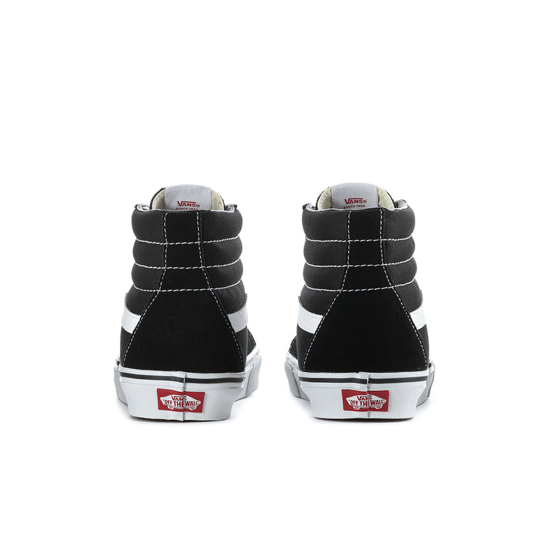 Men's black high-top sneakers from back, with white heel tabs and white rubber sole