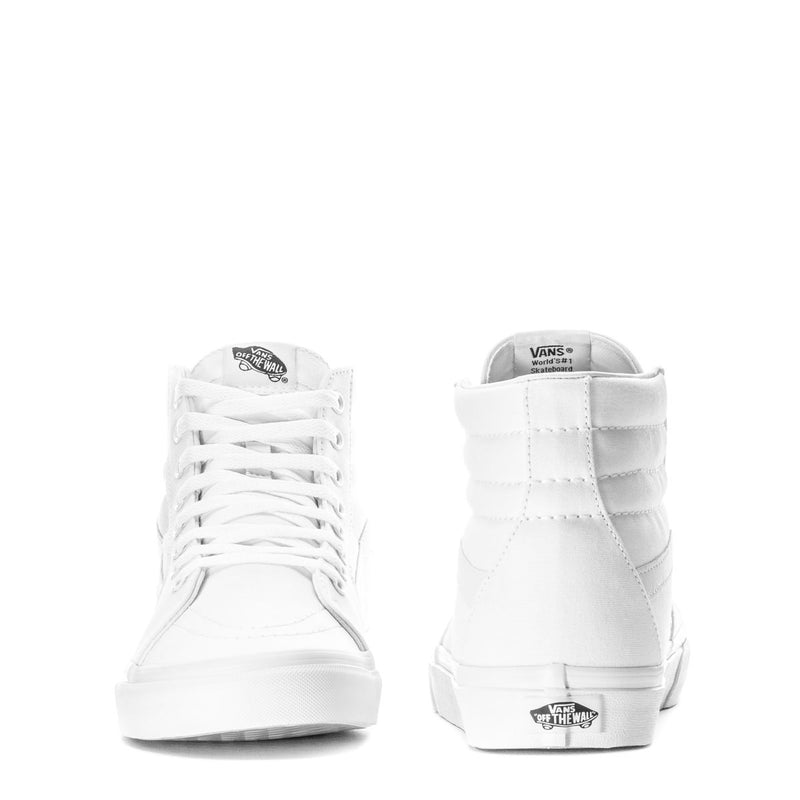 Pair of Vans Sk8-Hi men's white high-top sneakers, front and heel backs