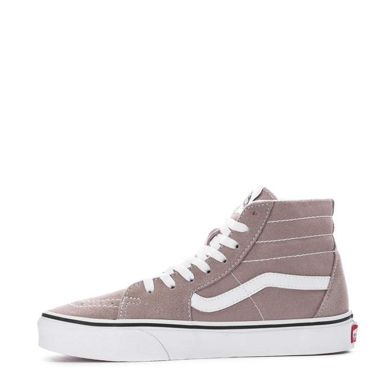 Women's taupe high-top skate shoes with white Sidestripe and black-and-white sole