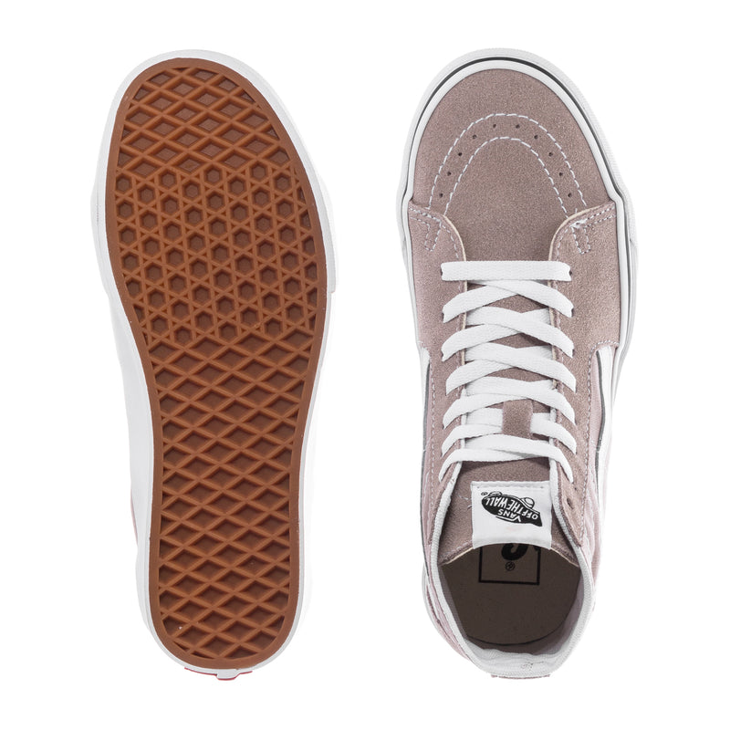 Vans women's taupe high-top skate shoe with textured outsole and white midsole