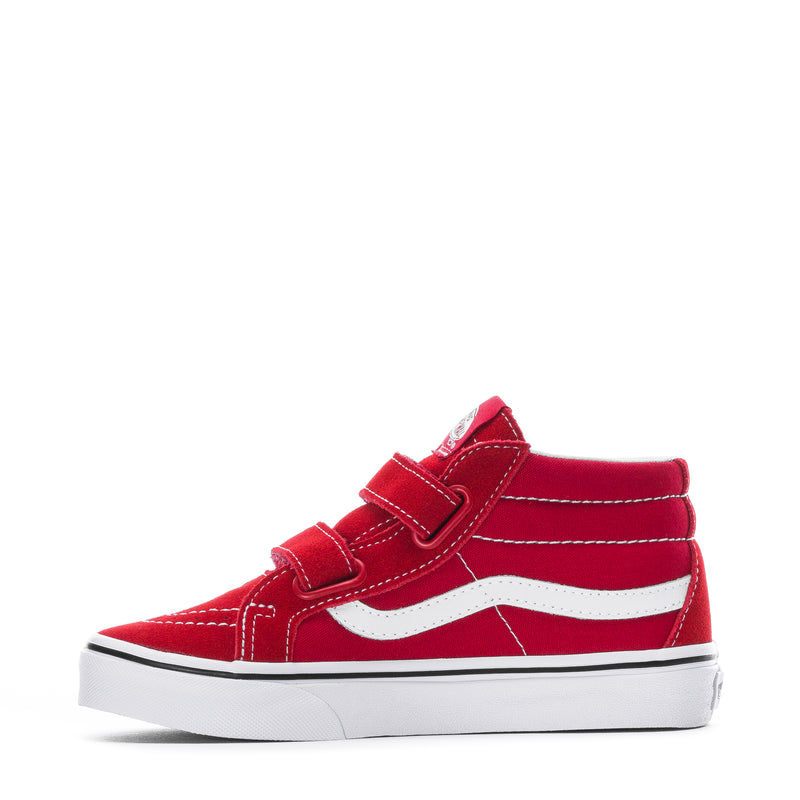 Kids' high-top sneakers in red with white wavy stripe and double hook-and-loop closure