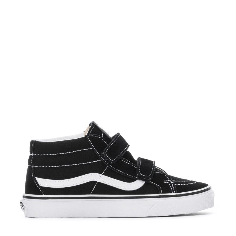 Kids' black mid-top sneakers with white side stripe and double hook-and-loop straps