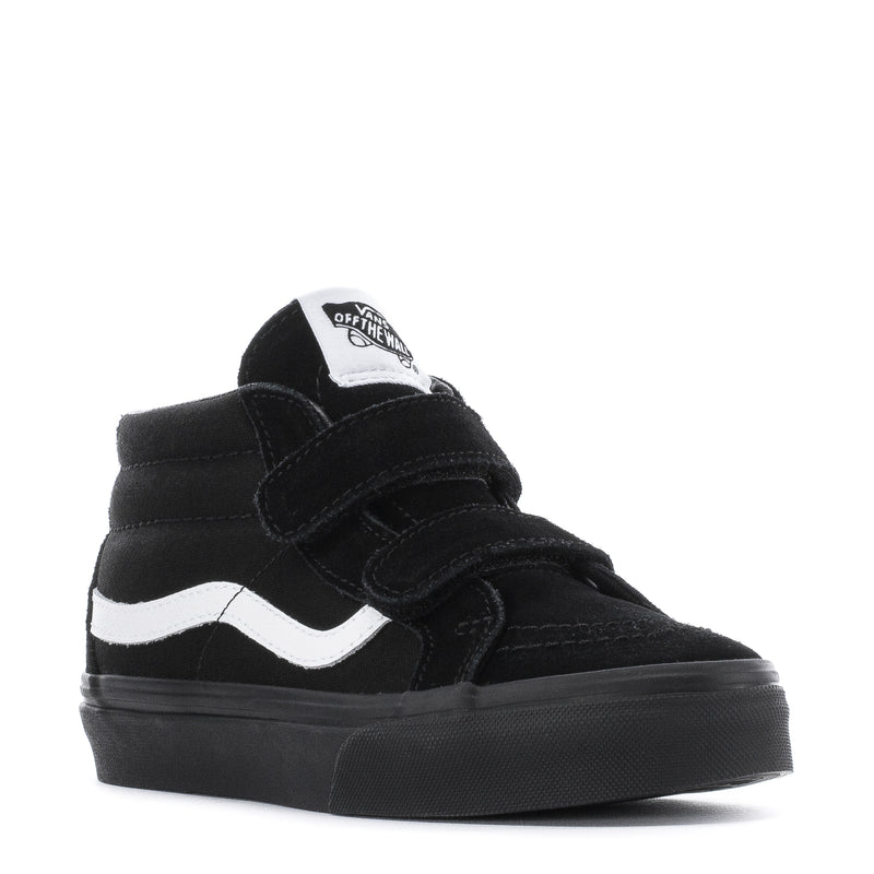 Kids' black mid-top skate shoe with double straps, white side stripe, and logo tongue patch