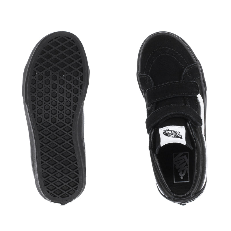 Kids' black skate shoes with textured rubber outsole and strap detail with Vans logo