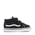 Black and white toddler mid-top sneakers with two hook-and-loop straps and stripe logo