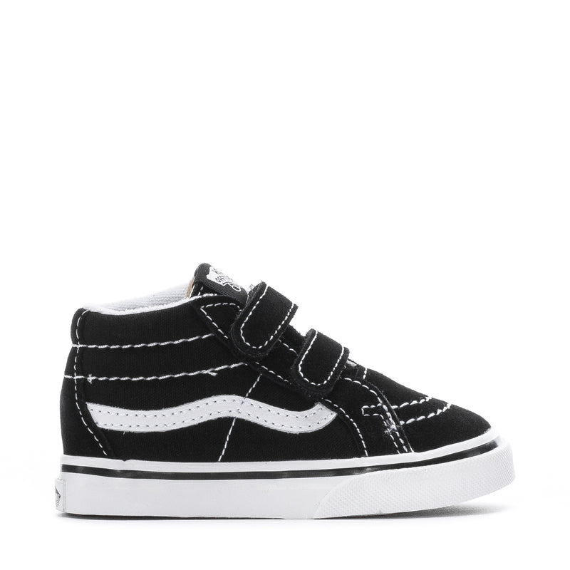 Black and white toddler mid-top sneakers with two hook-and-loop straps and stripe logo