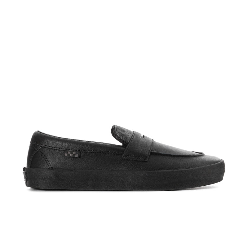 Men's black leather slip-on loafer with instep strap and thick tread sole